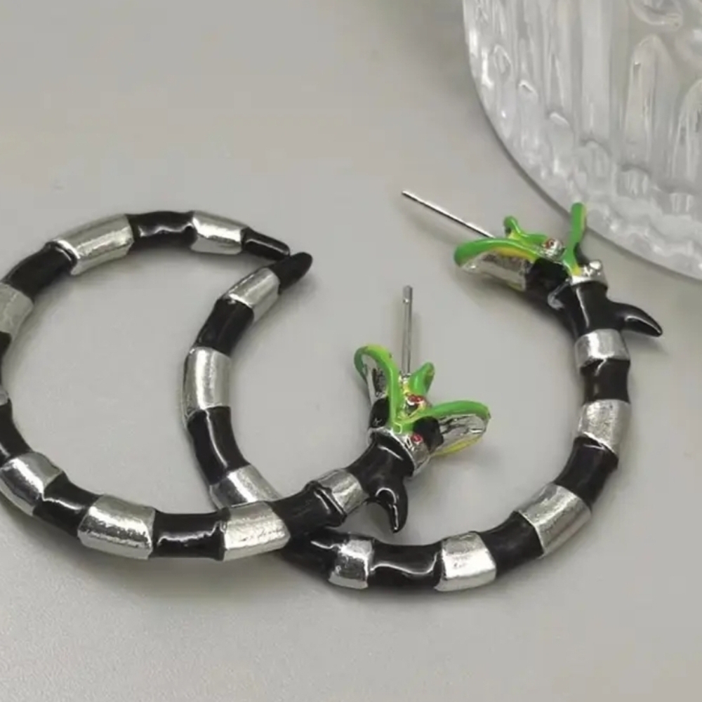 New Beetlejuice Serpent Black and Silver Hoop Earrings